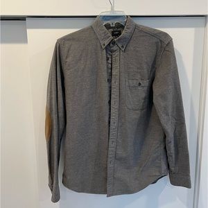 Men’s medium J Crew button-up, thick wool-like feel, grey with brown elbow pads